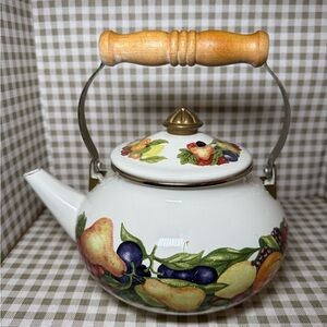 Vintage Regency enameled Tea kettle with Wooden Handle fruit motif design 2.5qt